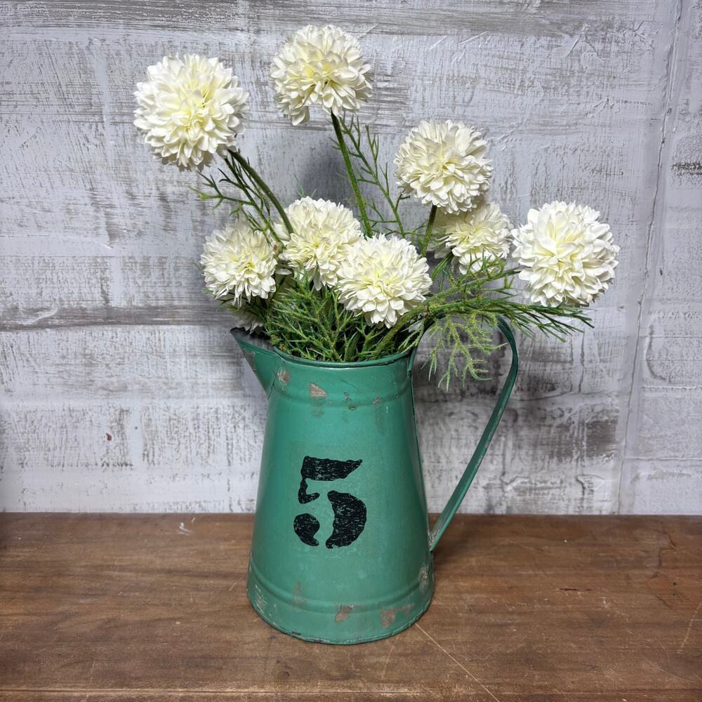 Distressed Green Farmhouse Pitcher with Faux White Flowers